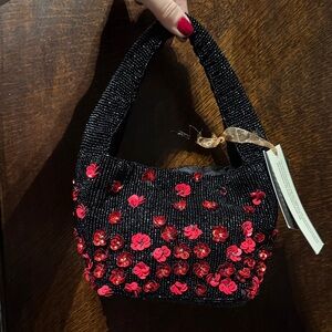 Black Mini Beaded Bag with Red Sequin Flower Accents